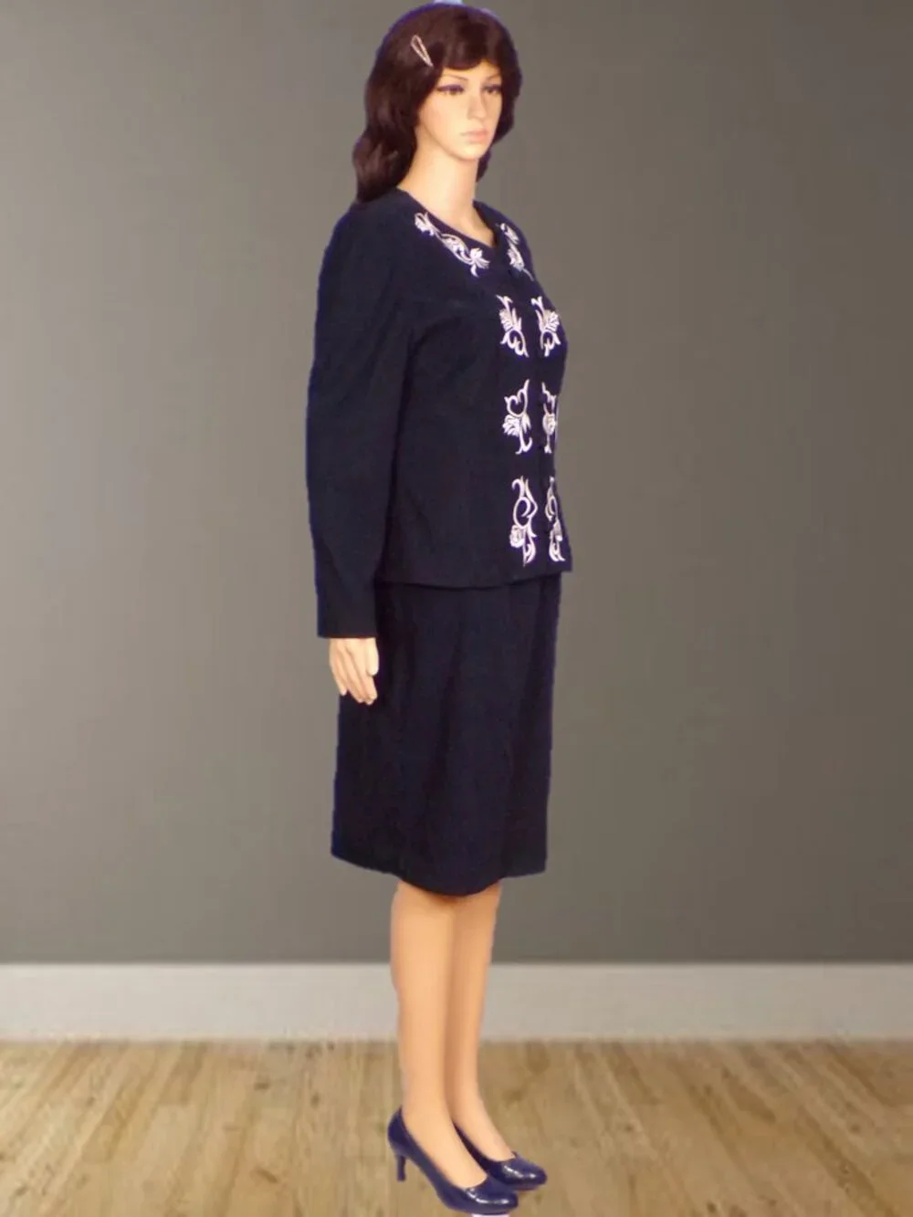 KARIN STEVENS size 10 black/silver dress with attached jacket polyester/spandex